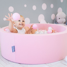 KiddyMoon Suchy basen okrągły z piłeczkami 7cm 120x30 Іграшка пінопластовий басейн, рожевий: пудровий рожевий- перлина-прозорий