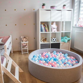 KiddyMoon Suchy basen okrągły z piłeczkami 7cm 120x30 Іграшка пінопластовий басейн, рожевий: пудрово-рожевий — темно-рожевий — baby blue — м’ята