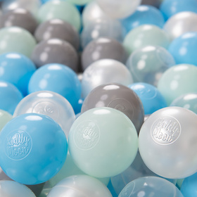 KiddyMoon Plastikowe piłeczki 6cm Іграшка набір кульок, перлинно-сірий-прозорий-дитячо-блакитний-м'ята