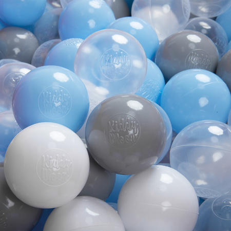 KiddyMoon Plastikowe piłeczki 6cm Zabawka zestaw kulek, szary-biały-transparent-babyblue