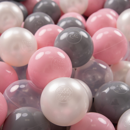KiddyMoon Plastikowe piłeczki 7cm Zabawka zestaw kulek, perła-szary-transparent-pudrowy róż