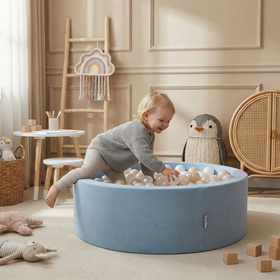 KiddyMoon Suchy basen okrągły z piłeczkami 7cm Іграшка пінопластовий басейн, блакитний: пастельний блакитний-пастельний жовтий-сірий