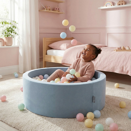 KiddyMoon Suchy basen okrągły z piłeczkami 7cm Іграшка пінопластовий басейн, блакитний: пастельний блакитний-пастельний жовтий-сірий