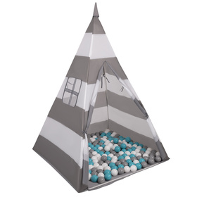 Namiot tipi NT-200X z piłeczkami 6cm Іграшка намет для дітей, сіро-білі смуги: сірий-білий-бірюзовий