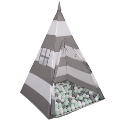 Namiot tipi NT-200X z piłeczkami 6cm Іграшка намет для дітей, сіро-білі смуги: білий-сірий-м’ята