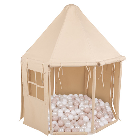 KiddyMoon Namiot dla dzieci NK-002 z piłeczkami 7cm Zabawka namiot dla dzieci, natural: pastelowy beż-biały-perła