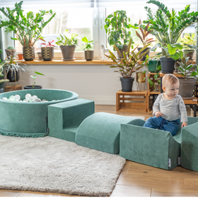KiddyMoon Piankowy plac zabaw VELVET PPZP-OK30V-115 z piłeczkami Іграшка ігровий майданчик, Зелень лісу: темний бірюзовий — пастельний бежевий — зеленувато-сірий — лососевий