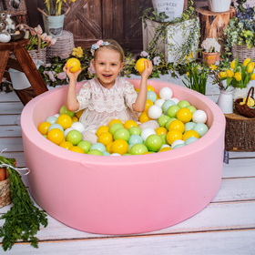 KiddyMoon Suchy basen okrągły z piłeczkami 7cm Zabawka basen piankowy, różowy: biały-mięta-jasny zielony-żółty