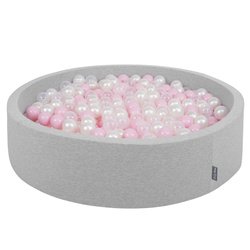 KiddyMoon Suchy basen okrągły z piłeczkami 7cm 120x30 Іграшка пінопластовий басейн, світло-сірий: пудрово-рожевий- перламутровий-прозорий