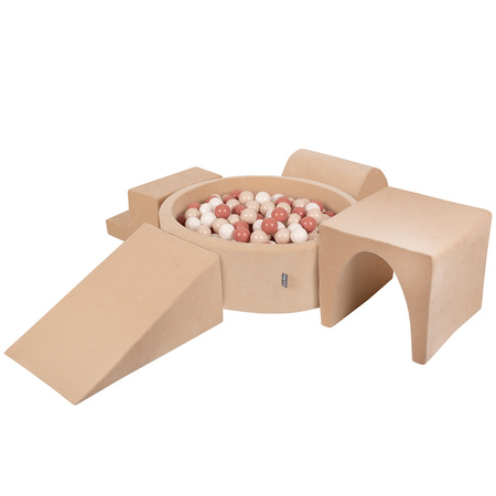 KiddyMoon Piankowy plac zabaw VELVET PPZP-OK30V-125 z piłeczkami Іграшка ігровий майданчик, Пісочний беж: пастельний бежево-лососево-білий