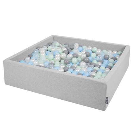 KiddyMoon Suchy basen kwadratowy z piłeczkami 7cm 120x30 Іграшка пінопластовий басейн, світло-сірий: перлово-сірий-прозорий-блакитний-м'ята