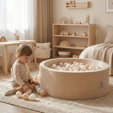 KiddyMoon Suchy basen okrągły VELVET z piłeczkami 7cm Іграшка пінопластовий басейн, бежевий