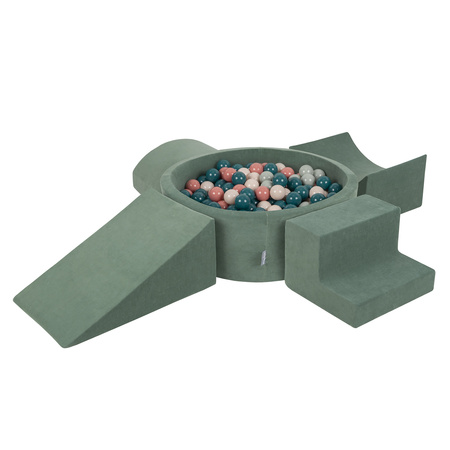 KiddyMoon Piankowy plac zabaw VELVET PPZP-OK30V-115 z piłeczkami Іграшка ігровий майданчик, Зелень лісу: темний бірюзовий — пастельний бежевий — зеленувато-сірий — лососевий