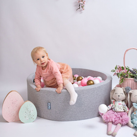 KiddyMoon Suchy basen okrągły z piłeczkami 7cm Zabawka basen piankowy, jasnoszary: pudrowy róż-perła-złoty