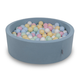 KiddyMoon Suchy basen okrągły z piłeczkami 7cm Іграшка пінопластовий басейн, синій: пастельний синій-пастельний жовтий-білий-м’ята-пудровий рожевий