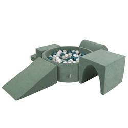 KiddyMoon Piankowy plac zabaw VELVET PPZP-OK30V-125 z piłeczkami Іграшка ігровий майданчик, зелень лісу: темний бірюзово-зелено-сірий-білий