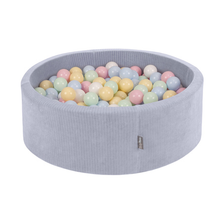 KiddyMoon Suchy basen okrągły STRIPES z piłeczkami 7 cm Zabawka basen piankowy, ciemnoszary: pastelowy niebieski-pastelowy żółty-biały-mięta-pudrowy róż