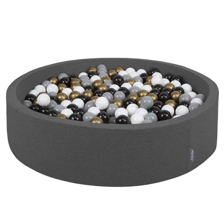 KiddyMoon Suchy basen okrągły z piłeczkami 7cm 120x30 Іграшка пінопластовий басейн, темно-сірий: білий-сірий-чорний-золотий