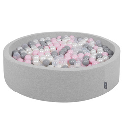 KiddyMoon Suchy basen okrągły z piłeczkami 7cm 120x30 Іграшка пінопластовий басейн, jasnoszary: перлинно-сірий-прозорий-пудрово-рожевий