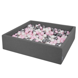 KiddyMoon Suchy basen kwadratowy z piłeczkami 7cm 120x30 Іграшка пінопластовий басейн, темно-сірий: перлинно-пудрово-рожевий-срібний