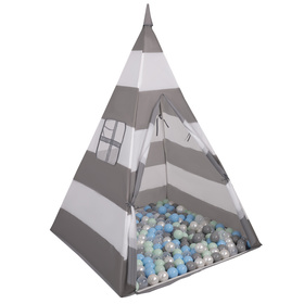 Namiot tipi NT-200X z piłeczkami 6cm Іграшка намет для дітей, сіро-білі смуги: перлинно-сірий-прозорий-блакитний-м’ята
