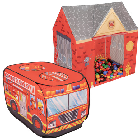 Domek do zabawy PH-400X + Wóz strażacki PH-500X z piłeczkami 6cm Іграшка намет для дітей, червоний: чорний-жовтий-синій-червоний-зелений