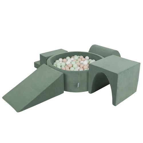 KiddyMoon Piankowy plac zabaw VELVET PPZP-OK30V-125 z piłeczkami Іграшка ігровий майданчик, зелень лісу: пастельний бежево-біло-м’ятний